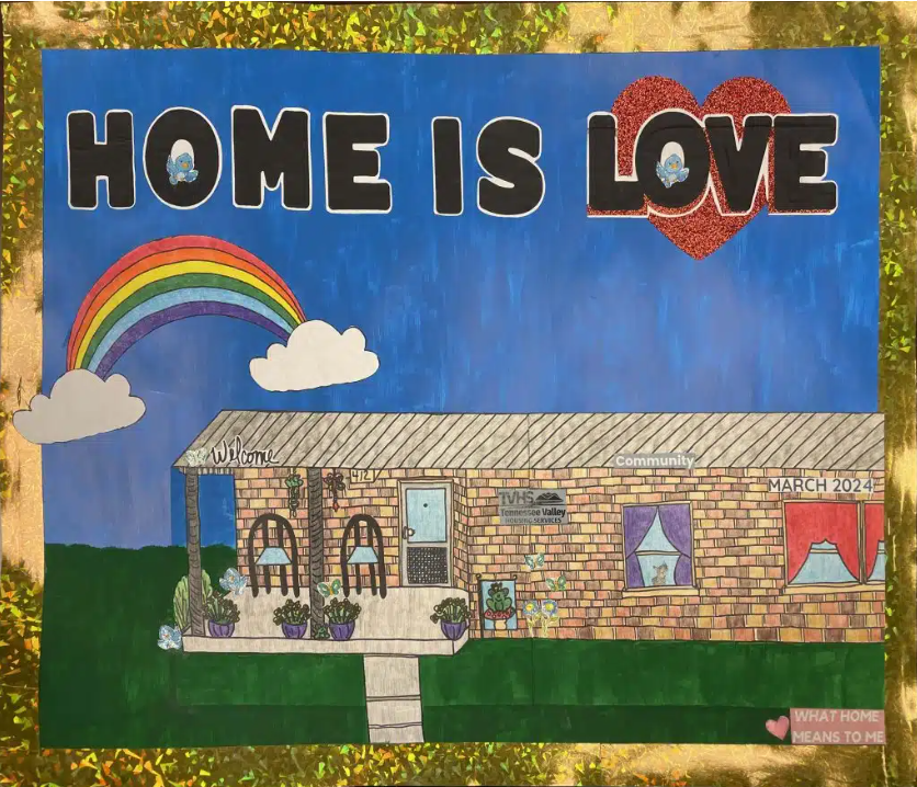 2024 What Home Means to Me Calendar Winner. Poster includes image of a house with a rainbow and heart, captioned Home is Love.